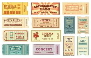 Vintage tickets, retro movie, concert, theater ticket. Old paper voucher card, sports event entrance pass, circus admit one coupon vector set