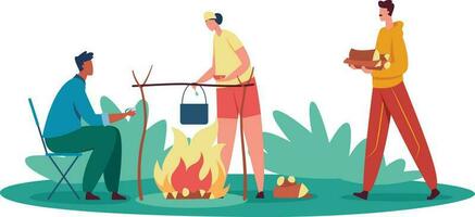 People cooking food on bonfire, outdoor rest vector