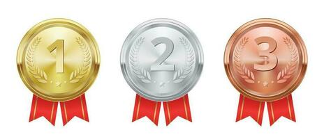 Realistic golden, silver and bronze medals, winner trophy award. Game champion prize badges, metal rewards with red ribbons vector set