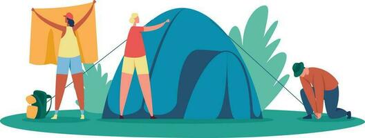 Tourists group setting tent for camp, outdoor rest vector