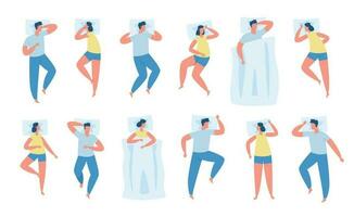 Characters in different sleeping poses, comfortable sleep positions. Men and women lying in bed on pillow, people resting vector set