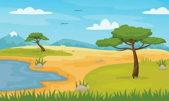 .Cartoon african savannah landscape with trees and mountains. Panoramic safari fields scene, zoo or park savanna nature vector illustration