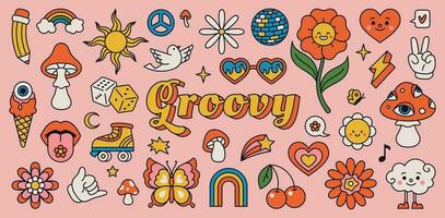 Retro 70s hippie stickers, psychedelic groovy elements. Cartoon funky mushrooms, flowers, rainbow, vintage hippy style element vector set