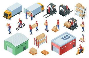 Isometric warehouse logistics, delivery workers, cargo vehicles. Forklift, truck, storage shelves with boxes, distribution center vector set