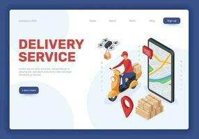 Isometric delivery service landing page, online shopping. Drone delivering packages, courier on scooter. Food delivery concept vector web banner