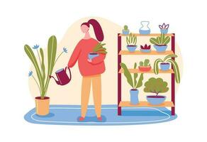 House garden concept, woman watering pot plants vector