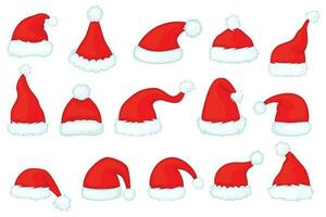 Cartoon santa claus hats, christmas red santas caps. Xmas photo booth props, winter holiday new year party costume elements vector set