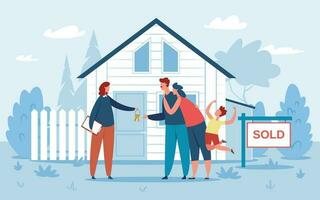 familia comprando nuevo casa, real inmuebles agente dando llaves a compradores contento Pareja con niños adquisitivo propiedad, real inmuebles vector ilustración