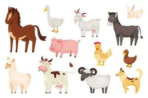 Cartoon cute farm animals and birds, rural domestic livestock. Sheep chicken duck, rabbit, goose, cow, donkey, goat, pig, horse vector set