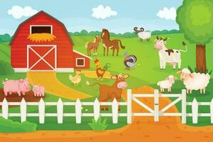 Cartoon animals living on farm, cow, sheep, chicken. Countryside landscape with barn and animal characters, rural lifestyle vector illustration