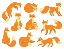 Cartoon red foxes sitting or sleeping, wildlife forest animals. Cute baby fox with mother, woodland animal mascot in different poses vector set