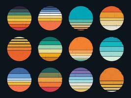 Retro sunset, abstract 80s style grunge striped sunsets. Vintage colorful striped circles for logo or print design elements vector set