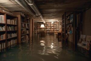 crear un biblioteca en un inundado sótano. ai generado foto