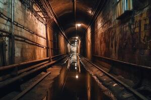 Old historical vaulted flooded underground drainage tunnel. photo