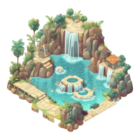 landscape consists of terraced plateaus with multicolored waterfalls and 3D floating islands . png