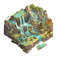 landscape consists of terraced plateaus with multicolored waterfalls and 3D floating islands . png