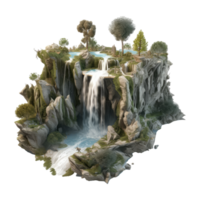 landscape consists of terraced plateaus with multicolored waterfalls and 3D floating islands . png