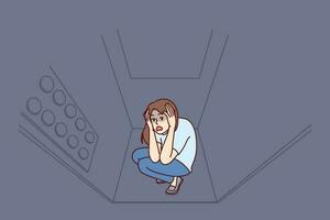 Woman stuck in elevator is claustrophobia and panic attack due to phobia of enclosed spaces. Young girl rides in moving elevator in need of psychological help to treat claustrophobia vector