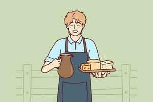 Man holds jug of milk and tray of cheese from cow farm selling own organic food. Guy wearing apron working on cow farm offers to buy organic dairy products with useful nutritional vitamins. vector