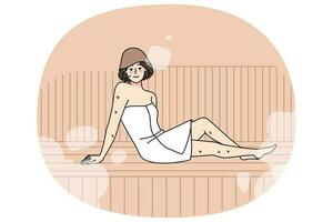 joven mujer en toalla relajarse en sauna vector