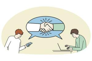 Businessmen handshake close deal working online vector