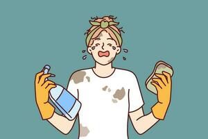 Woman housewife in dirty clothes is crying because of large amount housework and lack of rest. Girl housewife with tears in eyes holds sponge and spray bottle for cleaning in apartment vector