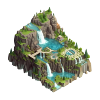 landscape consists of terraced plateaus with multicolored waterfalls and 3D floating islands . png