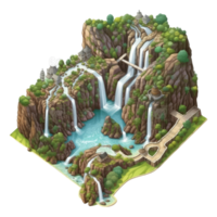 landscape consists of terraced plateaus with multicolored waterfalls and 3D floating islands . png