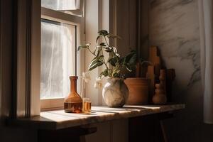 A marble shelf with a vase and a plant on it in the corner of a room with sunlight coming through the window and a window. photo