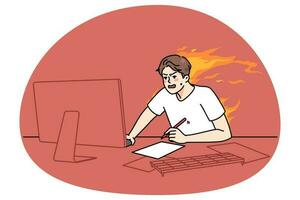 Stressed man work on computer with burning deadline vector