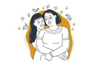 familia amar, día festivo, maternidad concepto. joven niña hija niño niño adolescente dibujos animados personaje abrazando abrazo mujer padre madre mamá desde detrás. contento madres día fiesta vector ilustración.