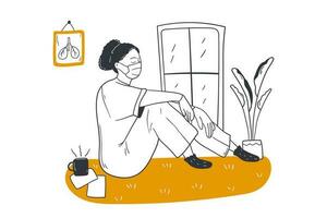 Medicine work, anxiety, fatigue concept. Tired exhausted african american woman doctor nurse with face mask sits on floor. Depressed sad black doctor feels burnout mental stress or lack of sleep. vector
