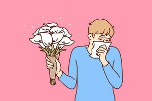 Allergic man holding bouquet flowers and using handkerchief suffering from pollen in need of allergy medicine. Everyday guy allergic with lilies wanting to make romantic gift suffers from runny nose vector