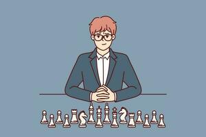 Businessman with chess pieces sits at table and looks at screen for concept of strategic planning in business. Man ceo of large corporation near chess symbolizing mind and strategic thinking vector