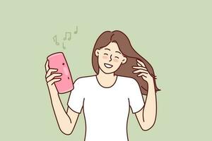 Woman with wireless portable speaker smiling enjoying loud rhythmic music of favorite rock band. Young girl with pink portable speaker enjoys listening to playlist, creating disco atmosphere vector