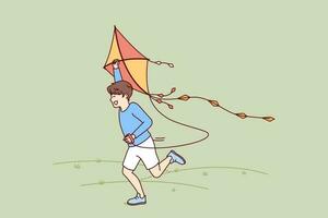 Little boy with kite runs through meadow enjoying summer walk with favorite toy. Happy kid laughing while flying kite for concept of carefree childhood and teen outdoor activity vector