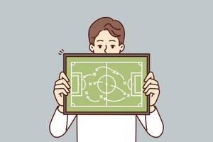 Man referee demonstrates plan for placement of football players teaching athletes tactics of conducting game in soccer. Guy football manager gives recommendation on tactics and strategy of match vector