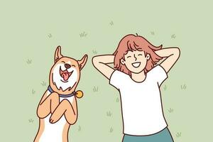 Little girl and dog lie on grass in backyard of house and enjoy sunny summer day. Laughing teenage girl with red dog shiba inu relaxing on lawn enjoying local pastime during vacation vector