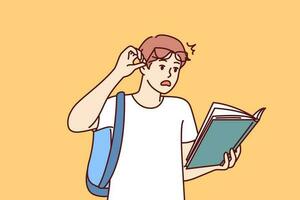 Shocked guy student with book reads amazing smart facts in textbook which causes wow effect. Young man lifts glasses from eyes after reading shocking information in book given by college teacher vector