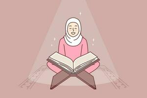 musulmán niña lee santo libro Corán torneado a Dios Alá se sienta en mezquita o religioso sitio para oración. positivo mujer en hijab estudiando Arábica Corán consiguiendo islámico tradicional educación vector