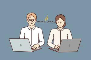 Colleagues with laptops angry at partner after problems in project or quarrel related to choice leader. Two angry office workers feel anger towards colleagues and need help of corporate psychologist vector