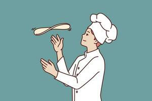 Man chef prepares pizza by tossing dough in open kitchen restaurant with traditional italian food. Guy in chef hat works in pizzeria and cook pizza according to classic old recipe. vector