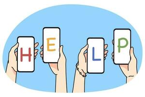 People hands with cellphones ask for help vector