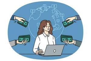 Businesswoman work on computer get money internationally vector