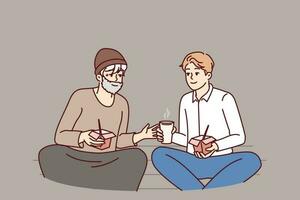 Successful man is having lunch with homeless person treating needy person with food for concept of social inequality. Homeless man asks for advice about businessman in hope of improving life vector