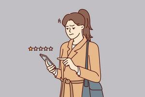 Woman with phone shares user experience by giving negative rating to store or restaurant. Girl uses mobile application on smartphone to put one star and lower company rating due to poor service vector