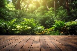 Wooden floor in the garden with green nature background. photo