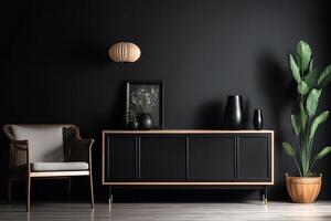 Empty mockup frame on cabinet in living room interior on empty dark wall background. photo