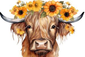 girasoles vaca cabeza clipart hermosa flores en tierras altas vacas ai generado foto