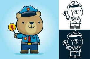 Cute bear in traffic cop uniform holding road sign. Vector cartoon illustration in flat icon style